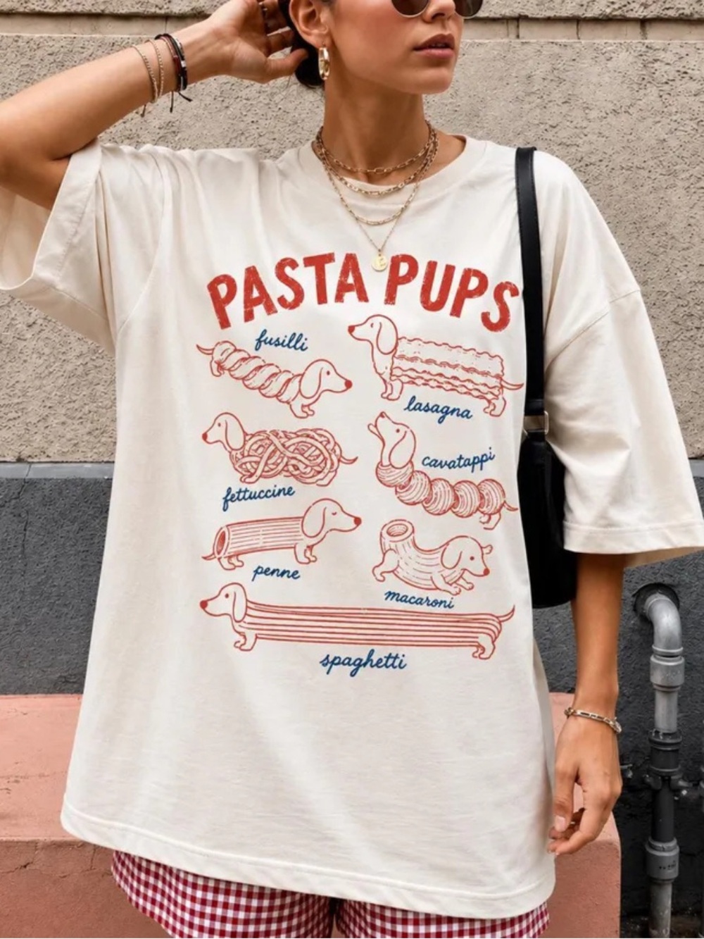Gildan Cream Pasta Pups Graphic Tee with Rust Red and Navy Print